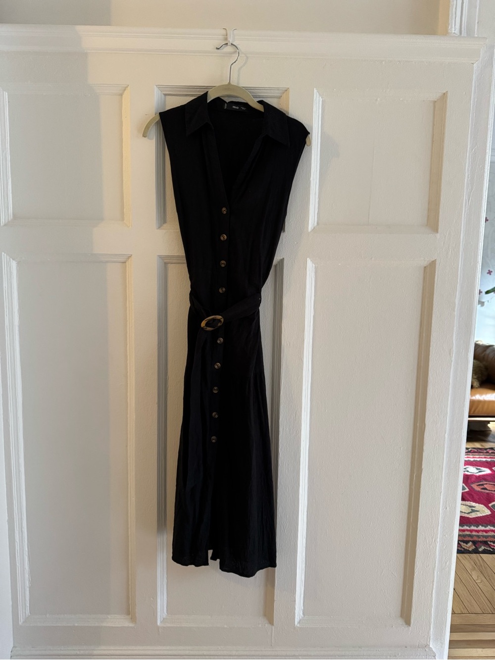 Mango Black Sleeveless Button-Front Midi Dress with Belt